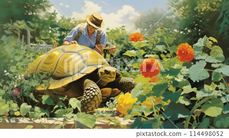 Gardening with a tortoise photo realistic illustration - Generative AI. Big, turtle, man, flower, garden. 114498052