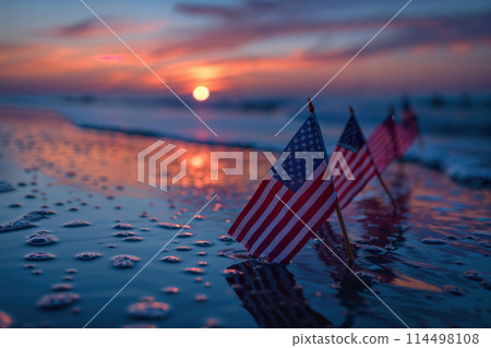 Patriotic flags on memorial day at sunset Patriotic flags on memorial day at sunset 114498108