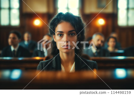 Determined lawyer focused in courtroom 114498159