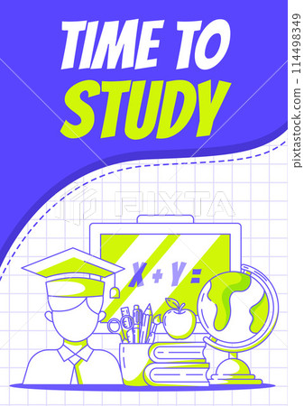 Student in academic cap, blackboard with equation, stack of books, apple, globe, school supplies. Back to school concept. Vector minimalist poster, a4. For banner, cover, web. Checkered background Student in academic cap, blackboard with equation, stack of books, apple, globe, school supplies. Back to school concept. Vector minimalist poster, a4. For banner, cover, web. Checkered background 114498349