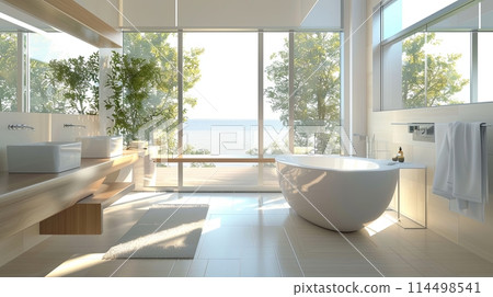 interior of big white beautiful bathroom with ocean landscape interior of big white beautiful bathroom with ocean landscape 114498541