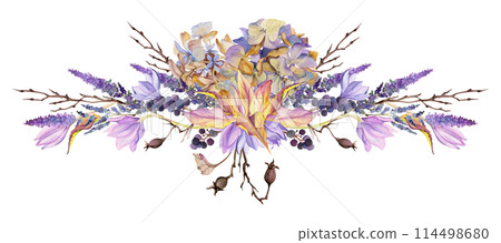 Hand drawn watercolor illustration shabby boho botanical flowers leaves. Crocus saffron rose hip veronica hortensia lavender berries. Composition isolated white background. Design wedding, love cards Hand drawn watercolor illustration shabby boho botanical flowers leaves. Crocus saffron rose hip veronica hortensia lavender berries. Composition isolated white background. Design wedding, love cards 114498680