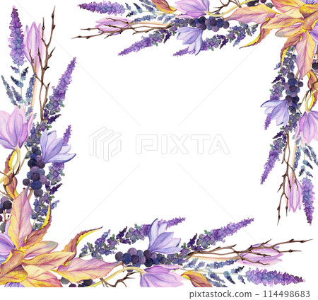 Hand drawn watercolor illustration shabby boho botanical flowers leaves. Crocus saffron rose hip veronica lavender berries. Corner frame isolated on white background. Design wedding, gift shop cards 114498683