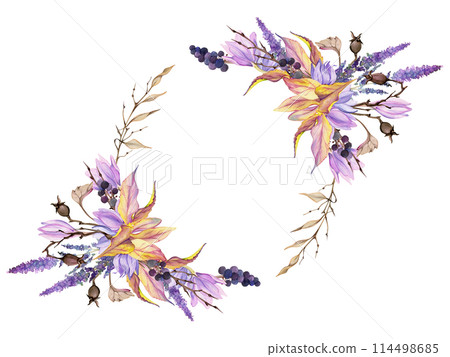 Hand drawn watercolor illustration shabby boho botanical flowers leaves. Crocus saffron rose hip veronica lavender berries. Wreath frame isolated on white background. Design wedding, gift love cards 114498685