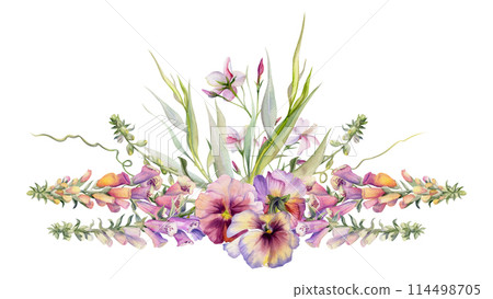 Hand drawn watercolor illustration botanical flowers leaves. Foxglove snapdragon lupin, mauve pansy viola, willow eucalyptus branches, columbine. Bouquet isolated on white. Design wedding, love cards 114498705