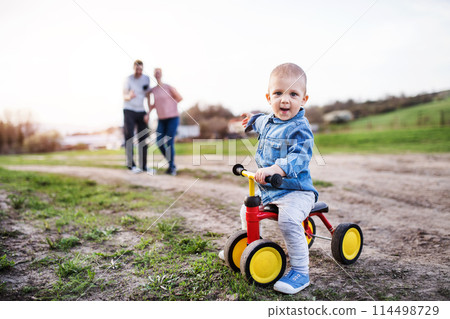 Portrait of toddler boy learning ride baby bike. 114498729
