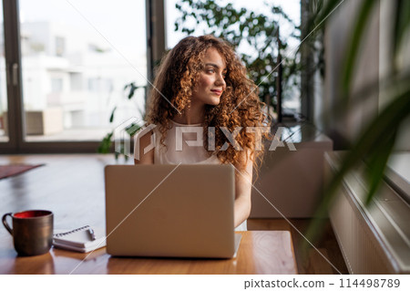 Beautiful woman working on laptop at home, homeoffice for young worker. Student studying at home, preparing for final exam. 114498789