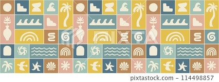 Boho groovy palm tree beach sun sea seamless pattern. Surf club vacation and sunny summer day aesthetic. Vector illustration background in trendy retro naive style. Pastel yellow blue braun colors. Boho groovy palm tree beach sun sea seamless pattern. Surf club vacation and sunny summer day aesthetic. Vector illustration background in trendy retro naive style. Pastel yellow blue braun colors. 114498857