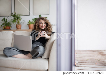 Beautiful woman planning summer vacation abroad, going on trip alone. Sitting on sofa, working on itinerary on laptop. 114498920