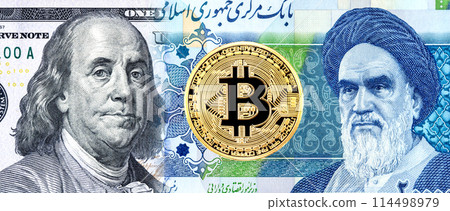 Bitcoin and portraits of Franklin on banknote american dollars and Ayatollah Khomeini on Iranian rials Bitcoin and portraits of Franklin on banknote american dollars and Ayatollah Khomeini on Iranian rials 114498979