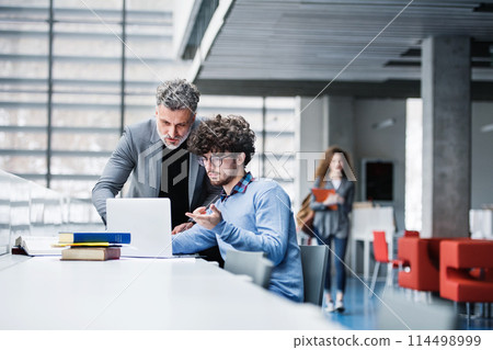 Handsome university professor helping student with final project, showing him research paper, book for thesis in library. Handsome university professor helping student with final project, showing him research paper, book for thesis in library. 114498999