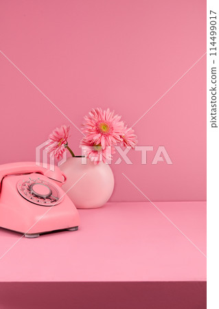 Vertical photo with front view for design, a desk phone placed on pink table next to a vase of pink gerbera daisy over pastel pink background. Blank space on the right side for design Vertical photo with front view for design, a desk phone placed on pink table next to a vase of pink gerbera daisy over pastel pink background. Blank space on the right side for design 114499017
