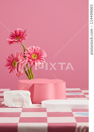 Photography for advertising with blank platform for featuring product which has natural ingredient like gerbera daisy flower. Empty space for adding text or design elements 114499065