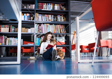 Young female student in library, focusing on final project, presentation. University student preparing for final exam. Young female student in library, focusing on final project, presentation. University student preparing for final exam. 114499093