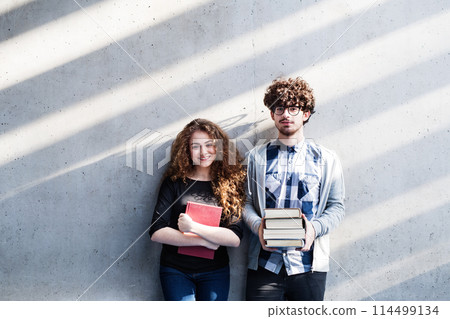 Young university students, holding stack of books, preparing for final exam. Study group. 114499134