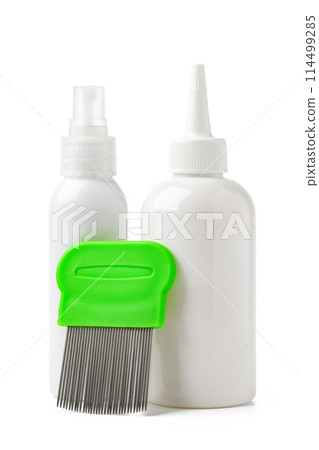 Cosmetic products and lice comb isolated on white background Cosmetic products and lice comb isolated on white background 114499285