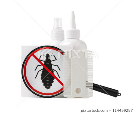 Cosmetic products, lice comb and magnifying glass isolated on white Cosmetic products, lice comb and magnifying glass isolated on white 114499297
