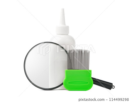 Medicine, lice comb and magnifying glass isolated on white Medicine, lice comb and magnifying glass isolated on white 114499298