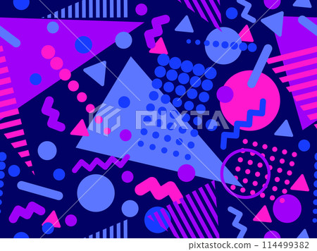 Memphis seamless pattern with geometric shapes in 80s and 90s style. Geometric shapes of different shapes and colors. Design of promotional products, wrapping paper and printing. Vector illustration 114499382