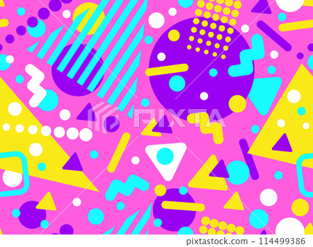 Memphis seamless pattern with geometric shapes in 80s and 90s style. Geometric shapes of different shapes and colors. Design of promotional products, wrapping paper and printing. Vector illustration Memphis seamless pattern with geometric shapes in 80s and 90s style. Geometric shapes of different shapes and colors. Design of promotional products, wrapping paper and printing. Vector illustration 114499386