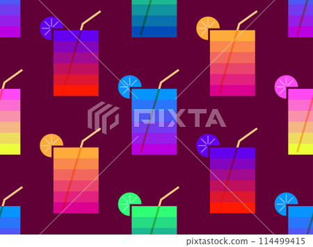 Glass with lemon and straw seamless pattern. Colorful striped glass with a slice of lemon and a straw. Design for wrapping paper, wallpaper and banners. Vector illustration Glass with lemon and straw seamless pattern. Colorful striped glass with a slice of lemon and a straw. Design for wrapping paper, wallpaper and banners. Vector illustration 114499415