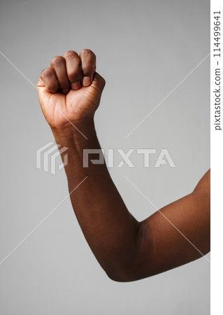 Raised Fist of Determination and Strength Against a Gray Background Raised Fist of Determination and Strength Against a Gray Background 114499641