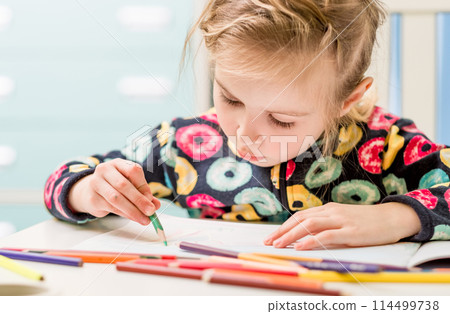 Cute little blonde girl draws a picture with colorful pencils 114499738
