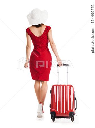 view from back on girl with suitcase in a studio 114499761