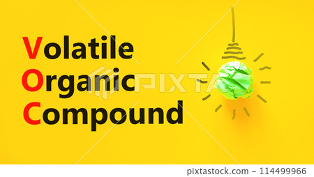 VOC volatile organic compound symbol. Concept words VOC volatile organic compound on beautiful yellow paper. Beautiful yellow background. Business VOC volatile organic compound concept. Copy space. VOC volatile organic compound symbol. Concept words VOC volatile organic compound on beautiful yellow paper. Beautiful yellow background. Business VOC volatile organic compound concept. Copy space. 114499966