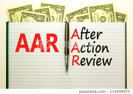 AAR After action review symbol. Concept words AAR After action review on beautiful white note. Dollar bills. Beautiful dollar bills background. Business AAR after action review concept. Copy space. 114499975