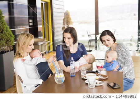New mom friends going to cafe with babies. Spending free time during maternity leave together in city. 114499992