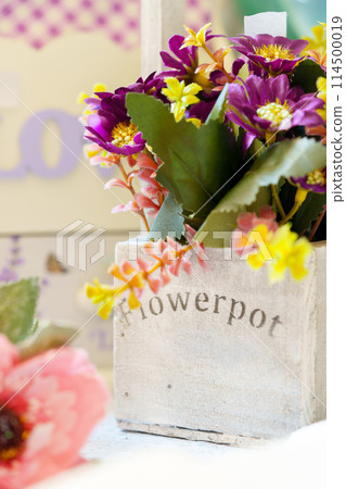 Assorted Potted Plants and Flowers Displayed On a Wooden Table Indoors 114500019