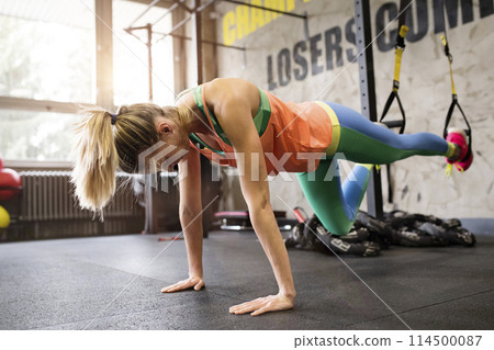 Beautiful sport woman doing suspension training, total resistance exercise. Routine workout for woman's physical and mental health. Beautiful sport woman doing suspension training, total resistance exercise. Routine workout for woman's physical and mental health. 114500087