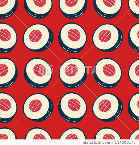 seamless pattern japanese traditional food, rolls, sushi, cartoon style on red background seamless pattern japanese traditional food, rolls, sushi, cartoon style on red background 114500173