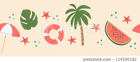 Summer horizontal seamless border. Beach banner with palm, umbrella and rubber ring. 114500182