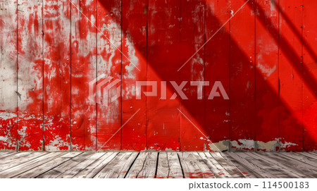 Grunge red painted wall with wooden floor 114500183