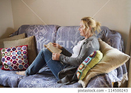 Beautiful mature woman reading book, feeling cozy and happy. Weekend activity for older woman, relaxing at home. 114500243