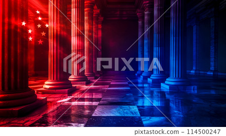 Patriotic hallway with american flag colors and pillars 114500247