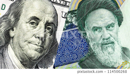 Portrait of Franklin on banknote american dollars and Ayatollah Khomeini on Iranian rials Portrait of Franklin on banknote american dollars and Ayatollah Khomeini on Iranian rials 114500268