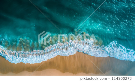 Aerial view of ocean waves on sandy beach Aerial view of ocean waves on sandy beach 114500273