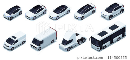 Various isometric car. Logistic delivery vehicles with cargo trailer, truck van car and motorcycle for transport company. Vector set Various isometric car. Logistic delivery vehicles with cargo trailer, truck van car and motorcycle for transport company. Vector set 114500355