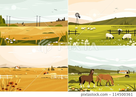Farmland landscape set. Rural panoramic view with arable land and farm buildings, countryside scenery with straw bale and hayfield. Vector illustration Farmland landscape set. Rural panoramic view with arable land and farm buildings, countryside scenery with straw bale and hayfield. Vector illustration 114500361