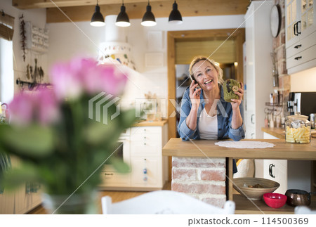 Beautiful mature woman at home, phone calling and drinking hot herbal tea. Older woman living alone, enjoying peaceful weekend day Beautiful mature woman at home, phone calling and drinking hot herbal tea. Older woman living alone, enjoying peaceful weekend day 114500369