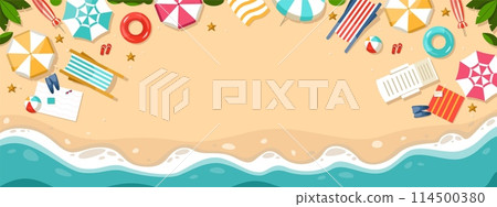 Cartoon beach top view. Summer sea landscape with sand and umbrellas, ocean water and sun, vacation and relaxation. Vector background 114500380