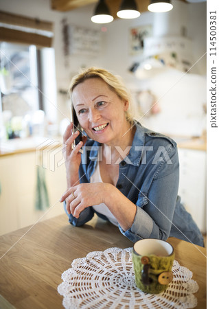 Beautiful mature woman at home, phone calling and drinking hot herbal tea. Older woman living alone, enjoying peaceful weekend day Beautiful mature woman at home, phone calling and drinking hot herbal tea. Older woman living alone, enjoying peaceful weekend day 114500381