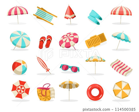 Beach accessories. Tropical summer vacation elements, sea holiday items for summer tourism, surfing swimming vacation. Vector isolated set 114500385