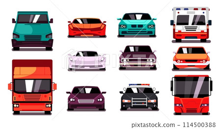 City car front. Front view of sedan, van, truck and cargo vehicle, urban transport flat style. Vector logistic and delivery service concept 114500388