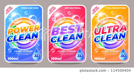 Laundry detergent stickers. Washing powder and soap labels, liquid cleaner and stain remover, washing and cleaning products. Vector set 114500404