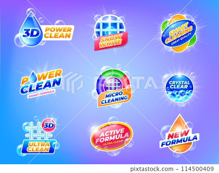 Laundry disinfectant emblems. Washing gel and powder detergent for clothes label template, cleaning and hygiene products, laundry soap with bubbles. Vector set Laundry disinfectant emblems. Washing gel and powder detergent for clothes label template, cleaning and hygiene products, laundry soap with bubbles. Vector set 114500409