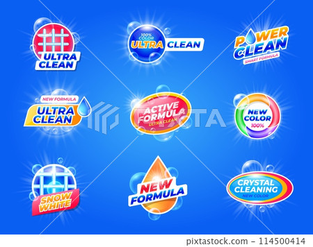 Laundry detergent label. Washing powder emblem package with bubbles, soap and stain remover, laundry care product with antibacterial formula. Vector set 114500414